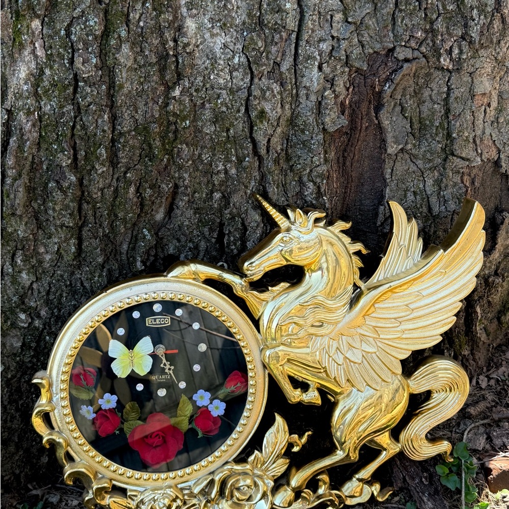 Vintage 1970s MCM Eleco Gold Kitsch Unicorn Wall Clock Pegasus Butterfly WORKS